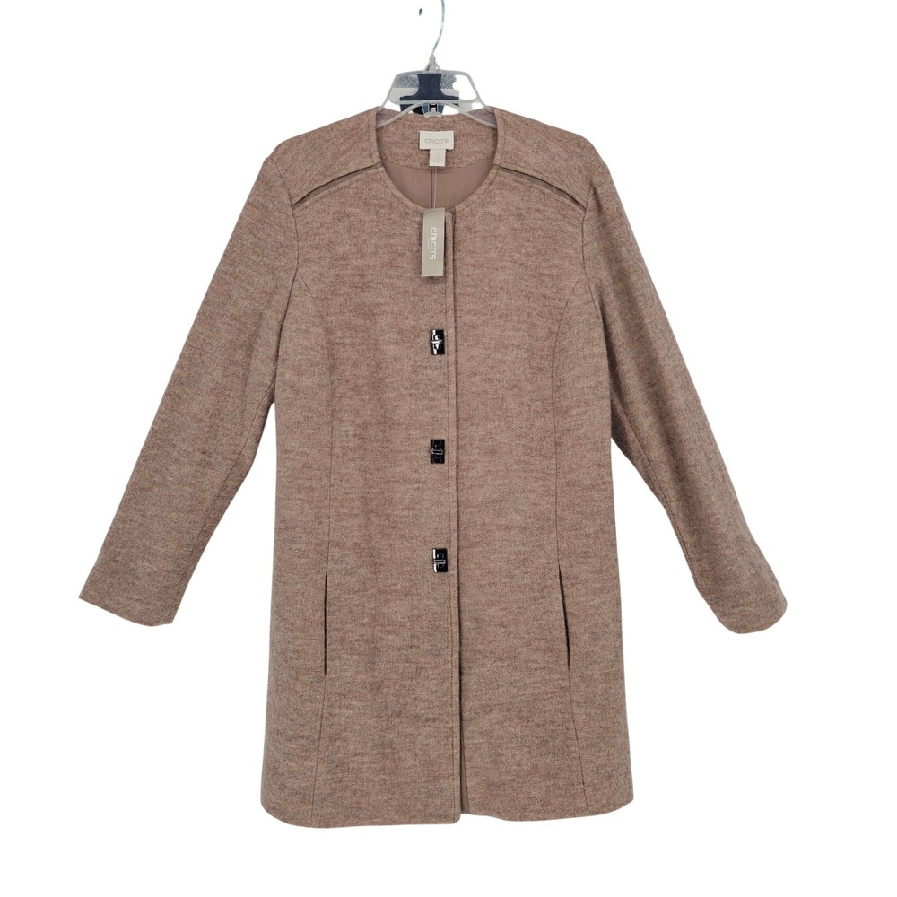 Chicos Boiled Wool Leather Jacket XL‎ Tan Collarless Turn Lock Quiet Luxury NWT